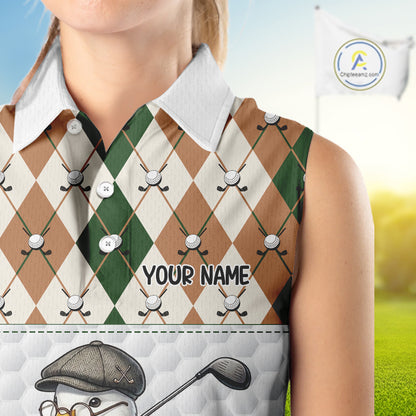 Funny Cool Duck Golf Sleeveless Polo Shirts For Women Green & Brown Argyle Custom White Ball Golf Apparel NYN3122