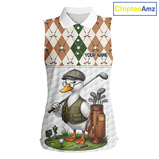 Funny Cool Duck Golf Sleeveless Polo Shirts For Women Green & Brown Argyle Custom White Ball Golf Apparel NYN3122