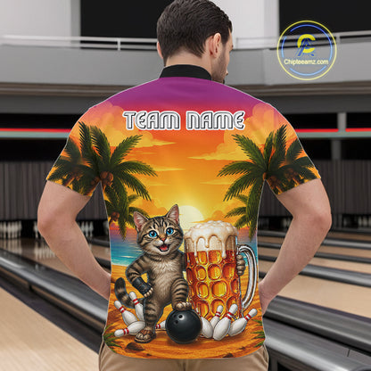 Cheer Beer And Cat Funny Men Bowling Shirt Custom Summer Tropical Youth Bowling Shirts NYN3277