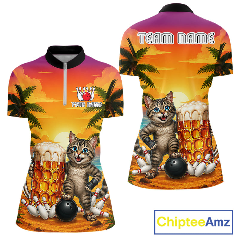 Beer And Cat Funny Women Bowling Quarter-Zip Shirt Custom Summer Tropical Youth Bowling Shirts 