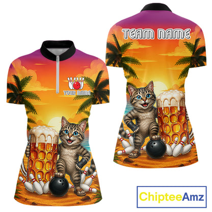 Beer And Cat Funny Women Bowling Quarter-Zip Shirt Custom Summer Tropical Youth Bowling Shirts 