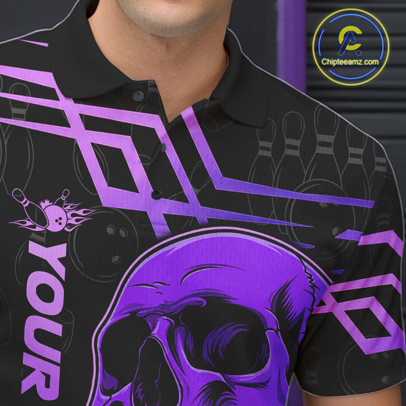 Black And Purple Skull Holding Bowling Ball Shirt For Men Custom Bowling Team Attire NYN3281