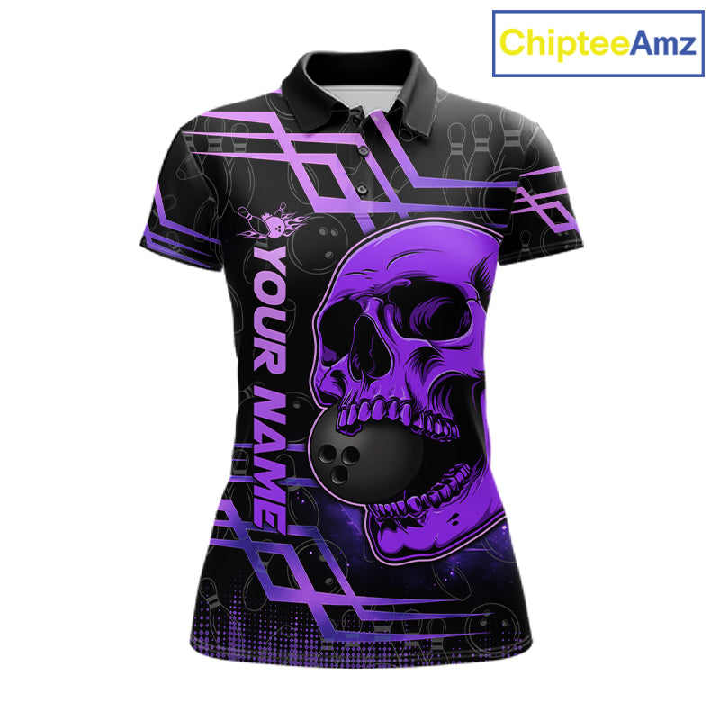 Purple Skull Bowling Ball Shirt For Women Custom Bowling Polo Team Attire