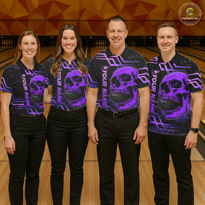 Black And Purple Skull Holding Bowling Ball Shirt For Men Custom Bowling Team Attire NYN3281