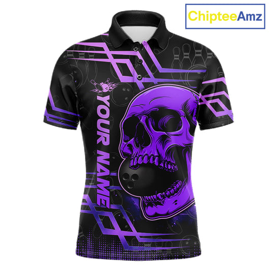 Purple Skull Bowling Ball Shirt For Men Custom Bowling Polo Team Attire
