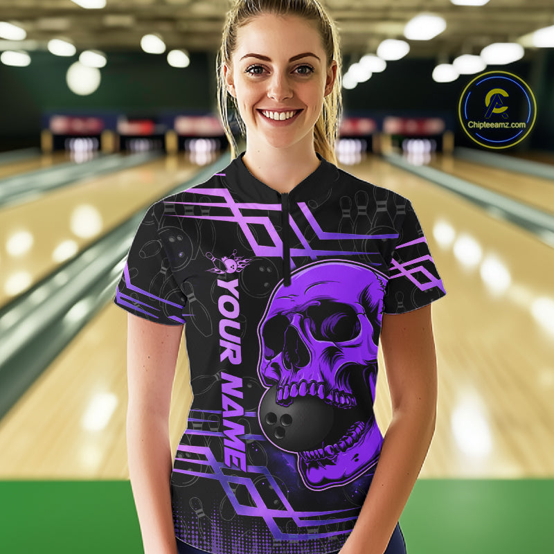 Black And Purple Skull Holding Bowling Ball Shirt For Women Custom Bowling Team Attire NYN3281