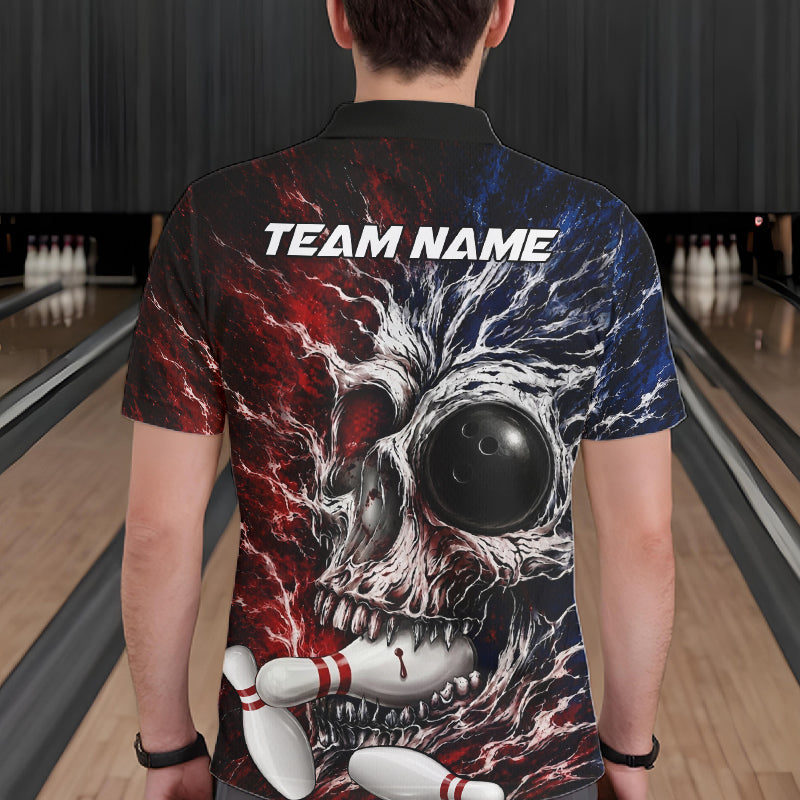 Red And Blue Grunge Skull Mens Bowling Polo Quarter-Zip Shirt Custom Youth Bowling Team Outfits NYN3285