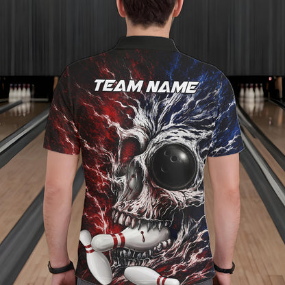 Red And Blue Grunge Skull Mens Bowling Polo Quarter-Zip Shirt Custom Youth Bowling Team Outfits NYN3285