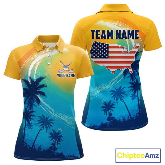 Summer palm trees women's golf polo shirt, personalized US flag golf apparel, tropical golf shirt, golf vacation clothing