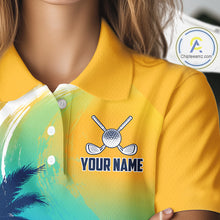 Load image into Gallery viewer, Female golfer wearing summer palm trees golf polo shirt, patriotic golf apparel, tropical golf outfit