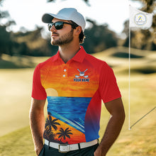 Load image into Gallery viewer, Male golfer wearing palm trees and ocean golf polo shirt, summer golf apparel, beach golf outfit
