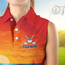 Load image into Gallery viewer, Female golfer wearing palm trees and ocean golf polo shirt, summer golf apparel, beach golf outfit