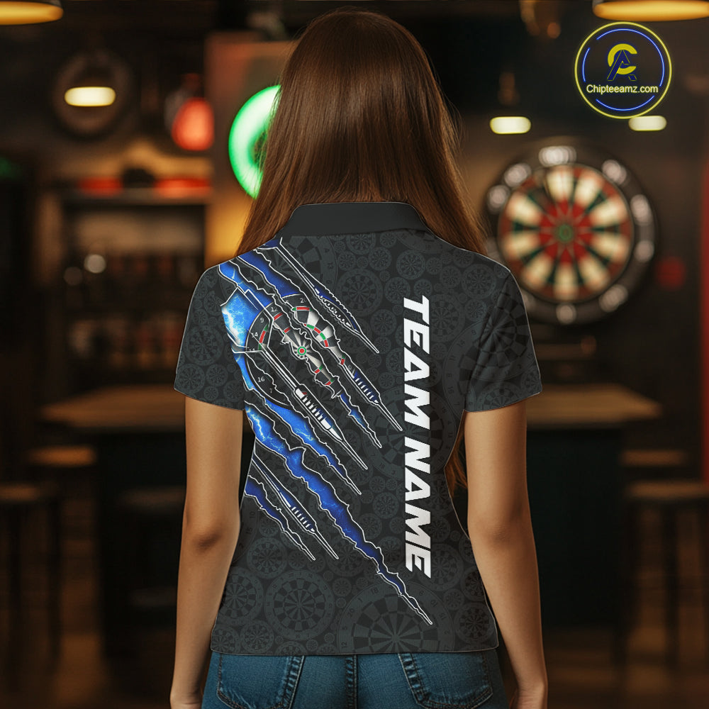 Female model wearing custom thunder lightning blue personalized darts polo shirt during tournament, athletic performance apparel, electric storm design, confidence and competitive focus