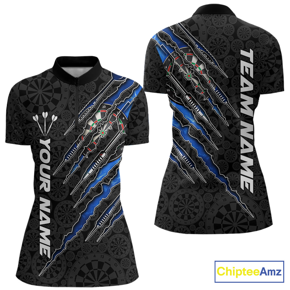 Custom Thunder Lightning Blue Women's Quarter-Zip Darts Shirt, Personalized Athletic Tournament Jersey, Electric Storm League Apparel, Performance Uniform, Speed, Determination & Championship Spirit