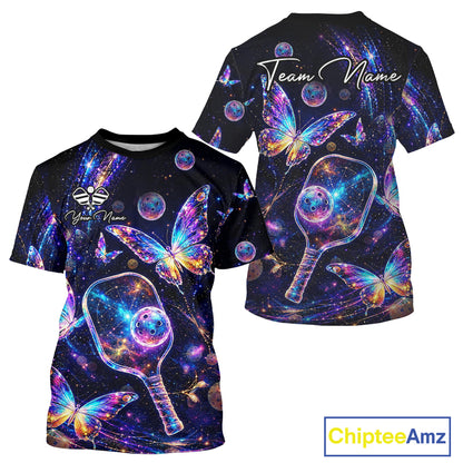 Custom Butterfly Rainbow Holographic Pickleball T-Shirt For Men Pickleball Paddle League Shirts NYN3864