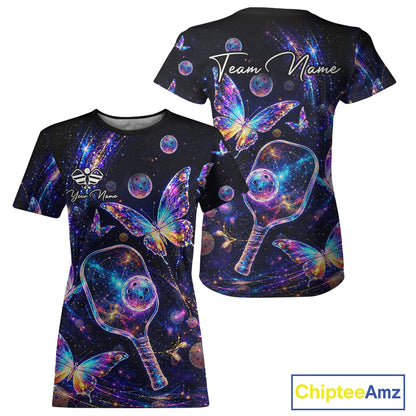 Butterfly Rainbow Holographic Women's Pickleball T-Shirt, Personalized Colorful Pickleball Shirt, Rainbow Butterfly Sports Apparel, League Tournament Tee