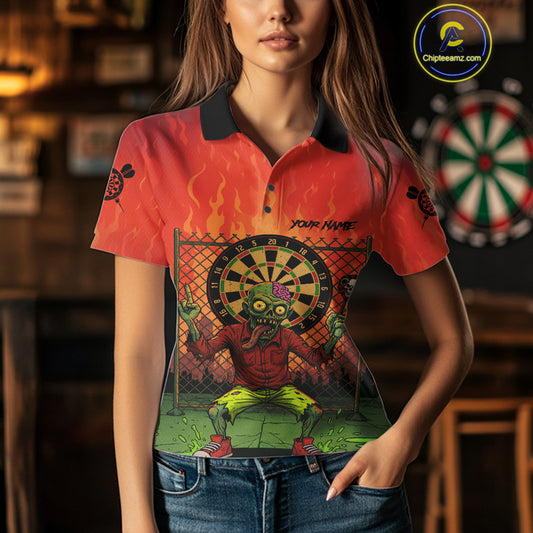 Custom Green & Orange Funny Zombie Dartboard Dart Women Polo Jerseys Funny Dart Shirts NYN1742