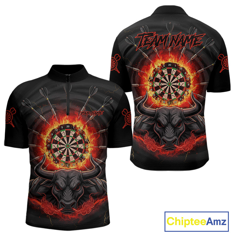 Funny Bull Red Flames Dartboard Dart Arrow Custom Men Quarter-Zip Darts Shirt Dart Gifts NYN2016