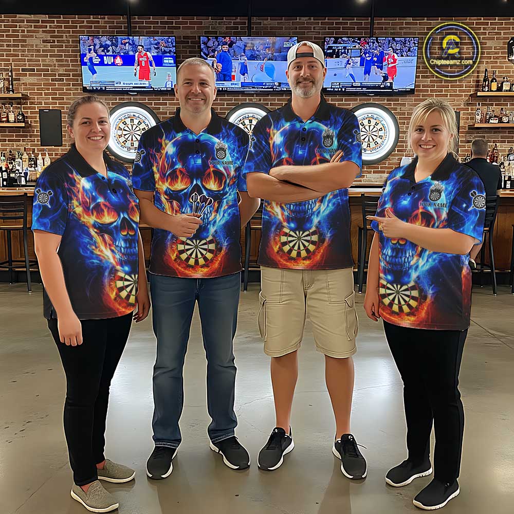 Red And Blue Flames Skull Dartboard Custom Men Darts Quarter-Zip League Shirts Skull Dart Jerseys NYN2250