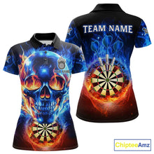 Load image into Gallery viewer, Red And Blue Flames Skull Dartboard Custom Women Darts Polo League Shirts Skull Dart Jerseys NYN2250