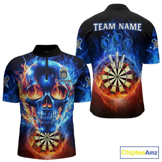 Red And Blue Flames Skull Dartboard Custom Men Darts Quarter-Zip League Shirts Skull Dart Jerseys NYN2250