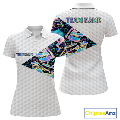Personalized Womens Golf Polo Shirt Custom Name Holographic And White Golf Ball Golf Attire NYN2912