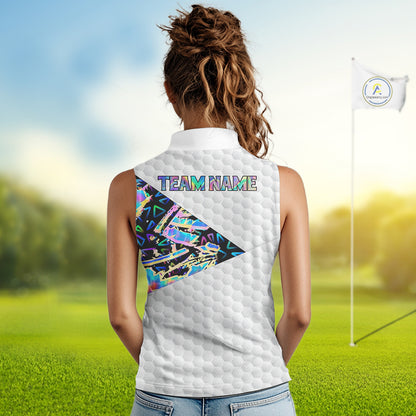 Personalized Womens Sleeveless Golf Polo Shirt Custom Name Holographic And White Golf Ball Golf Attire NYN2912