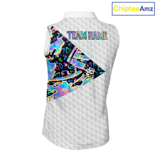Personalized Womens Sleeveless Golf Polo Shirt Custom Name Holographic And White Golf Ball Golf Attire NYN2912
