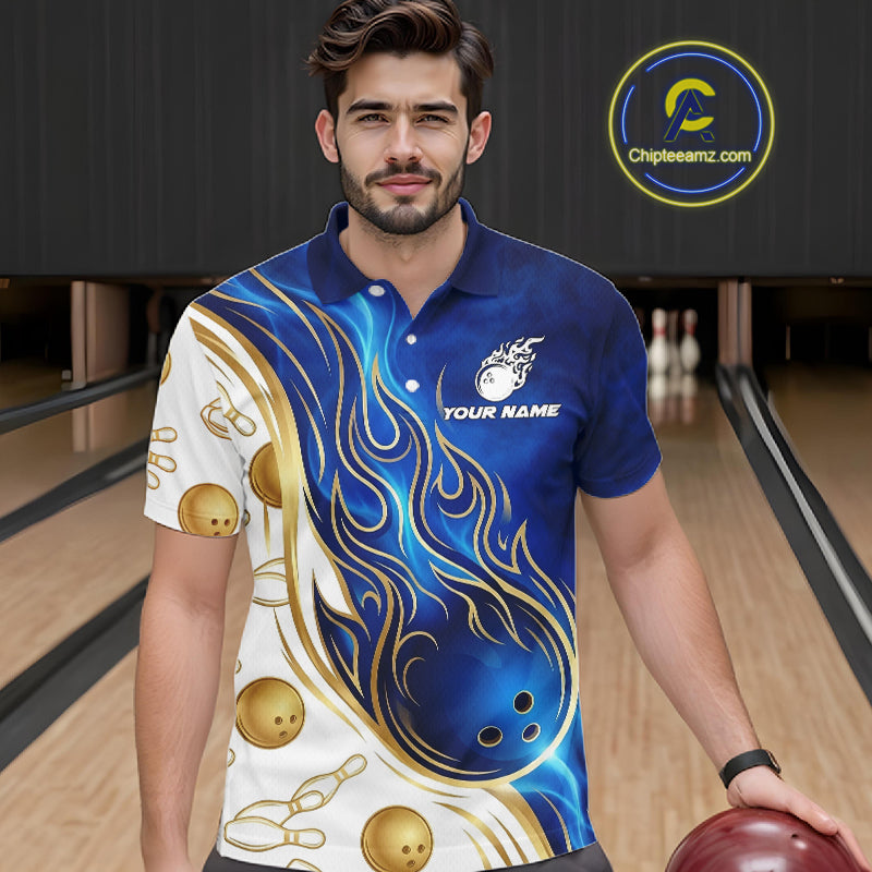 Custom Gold And Blue Flames Bowling Team Jerseys, Bowling League Polo & 1/4-Zip Shirt For Men NYN2917