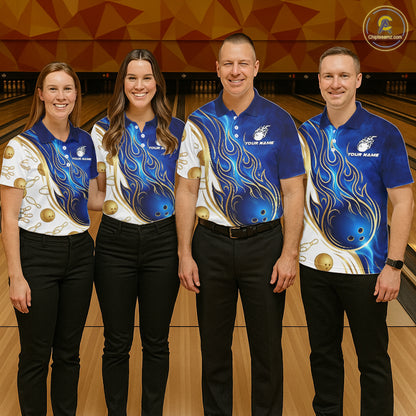 Custom Gold And Blue Flames Bowling Team Jerseys, Bowling League Polo & 1/4-Zip Shirt For Men NYN2917