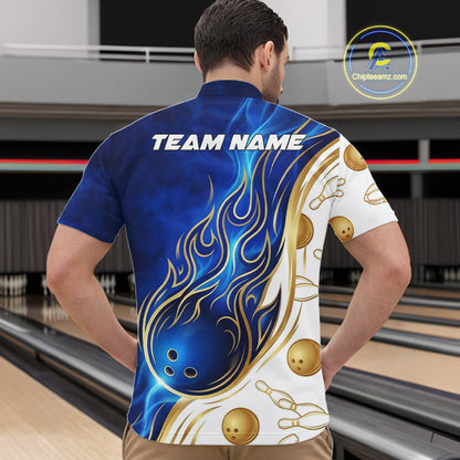 Custom Gold And Blue Flames Bowling Team Jerseys, Bowling League Polo & 1/4-Zip Shirt For Men NYN2917
