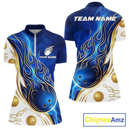 Custom Gold And Blue Flames Bowling Team Jerseys, Bowling League Polo & 1/4-Zip Shirt For Women NYN2917