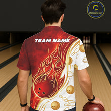 Load image into Gallery viewer, Male and female models wearing Gold and Red Flames bowling Hawaiian shirts, custom bowling team button-up apparel, tropical vacation clothing, resort-style league outfit symbolizing passion, determination, strength and competitive excellence
