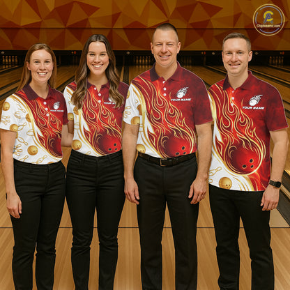 Custom Gold And Red Flames Bowling Team Jerseys, Bowling League Polo & 1/4-Zip Shirt For Women NYN2918