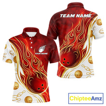 Load image into Gallery viewer, Custom Gold And Red Flames Bowling Team Jerseys, Bowling League Polo &amp; 1/4-Zip Shirt For Men NYN2918