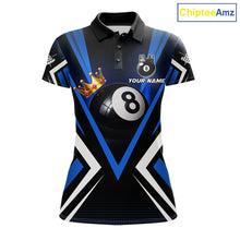 Load image into Gallery viewer, Crown 8 ball black and blue billiard polo shirt for women custom pool apparel