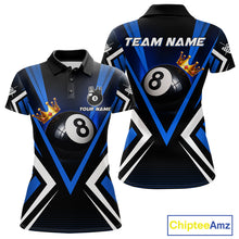 Load image into Gallery viewer, Crown 8 ball black and blue billiard polo shirt for women custom pool apparel