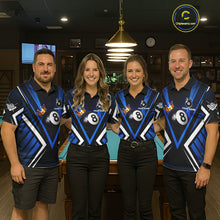 Load image into Gallery viewer, Personalized Crown 8 Ball Pool Black And Blue Polo Shirts For Women, Custom Billiard Team Apparel NYN3292