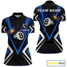 Load image into Gallery viewer, Crown 8 ball black and blue billiard quarter-zip shirt for women custom pool apparel