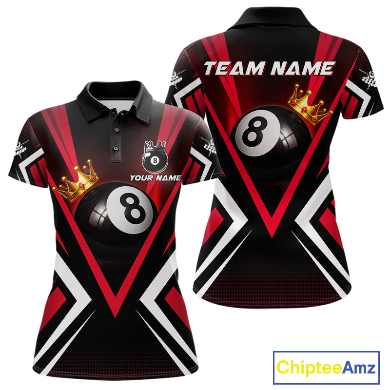 Crown 8 ball black and red women billiard polo shirt custom team design