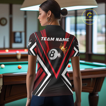 Personalized Crown 8 Ball Pool Black And Red Polo Shirts For Women, Custom Billiard Team Apparel NYN3293