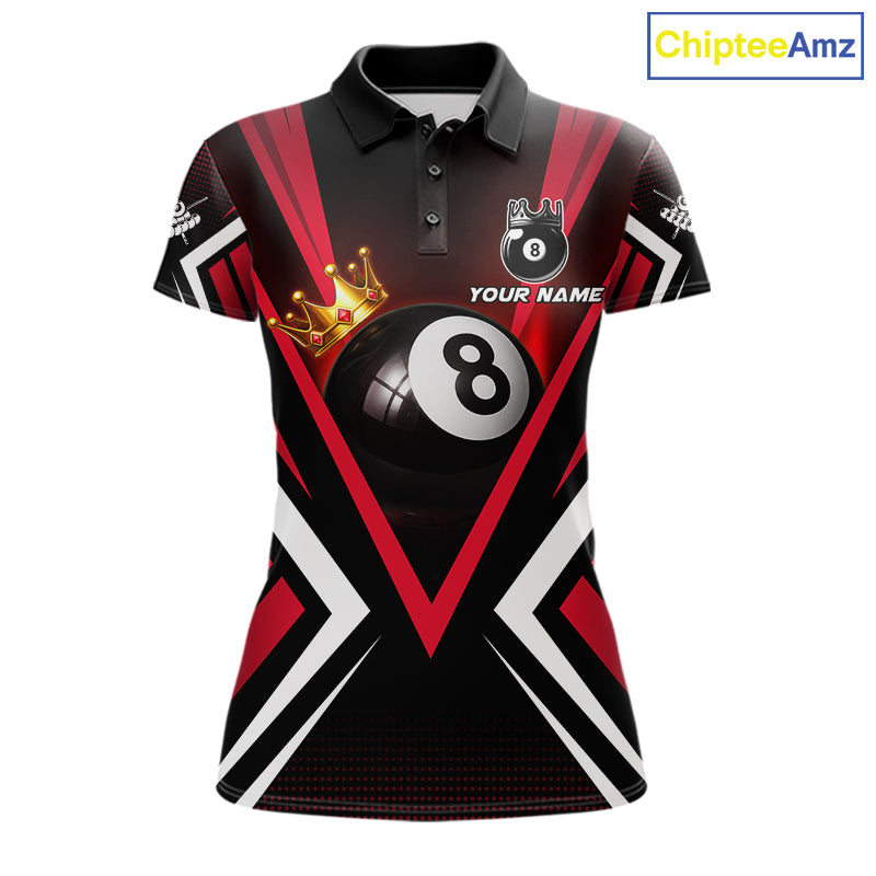 Crown 8 ball black and red women billiard polo shirt custom team design