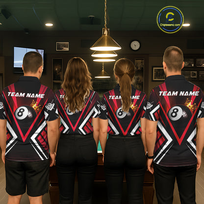 Personalized Crown 8 Ball Pool Black And Red Polo Shirts For Women, Custom Billiard Team Apparel NYN3293