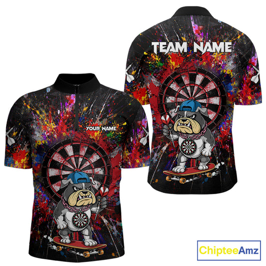 Multi-Color Splatter Funny Bulldog Custom Men Darts Quarter-Zip League Shirts Dart Team Jerseys NYN2255