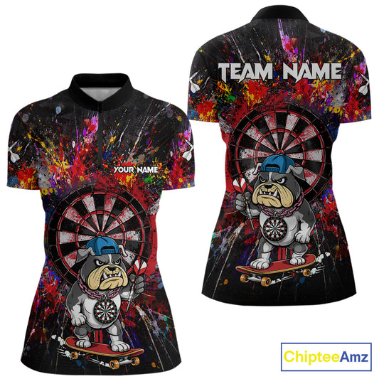 Multi-Color Splatter Funny Bulldog Custom Women Darts Quarter-Zip League Shirts Dart Team Jerseys NYN2255