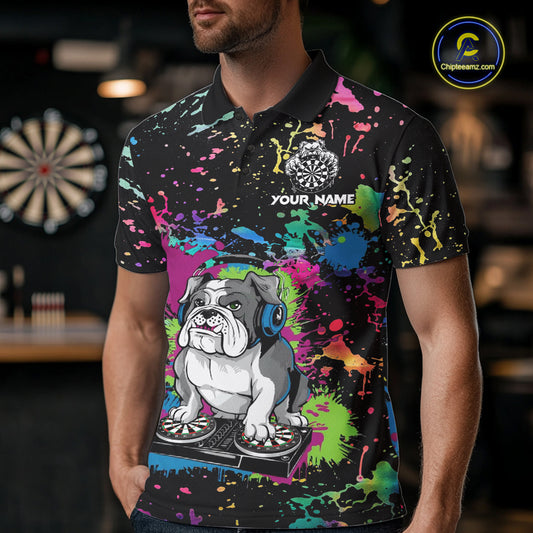 Colorful Paint Funny Dj Music Bulldog Custom Men Darts Polo Shirts Dart League Jerseys NYN2257