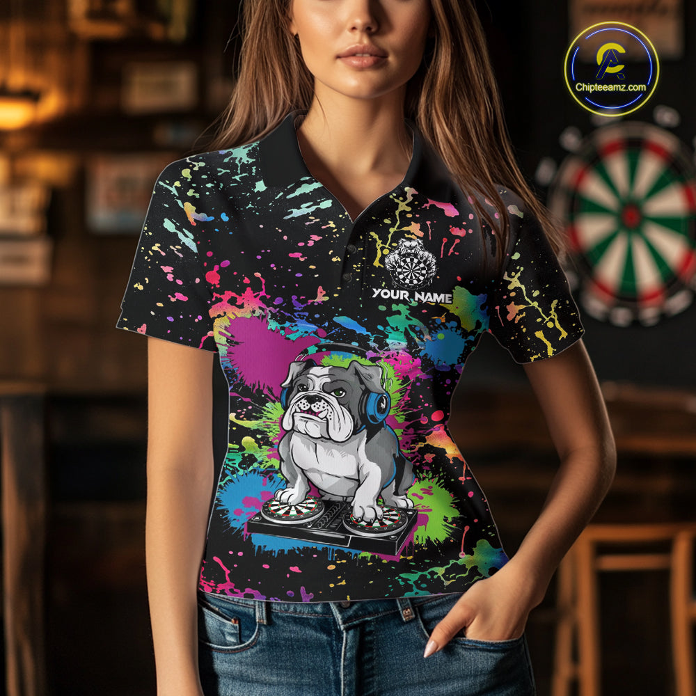 Multi-Color Splatter Funny Bulldog Custom Women Darts Polo League Shirts Dart Team Jerseys NYN2255