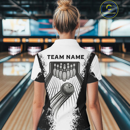 White And Grunge Black Bowling Jerseys For Women Custom Bowling Polo 1/4-Zip Shirt, Gift For Bowlers NYN3127