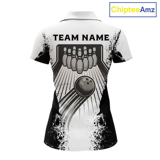 White And Grunge Black Bowling Jerseys For Women Custom Bowling Polo 1/4-Zip Shirt, Gift For Bowlers NYN3127