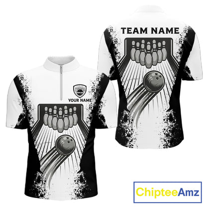 White And Grunge Black Bowling Jerseys For Men Custom Bowling Polo 1/4-Zip Shirt, Gift For Bowlers NYN3127
